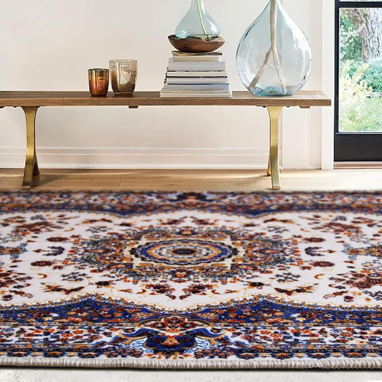 Large Blue Mughal Area Rug 200x290cm Washable Non Slip Traditional Carpet - Kwikley