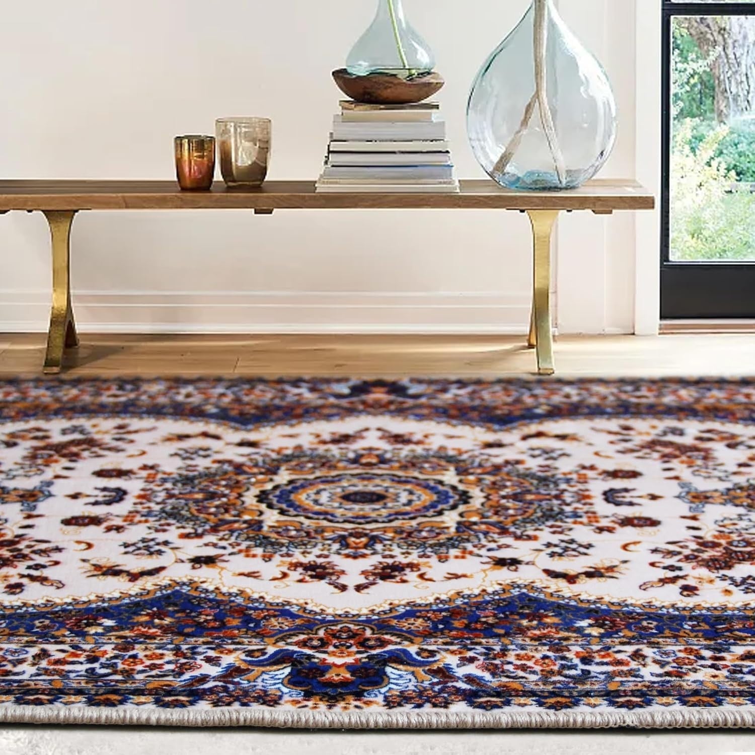 Large Blue Mughal Area Rug 200x290cm Washable Non Slip Traditional Carpet - Kwikley