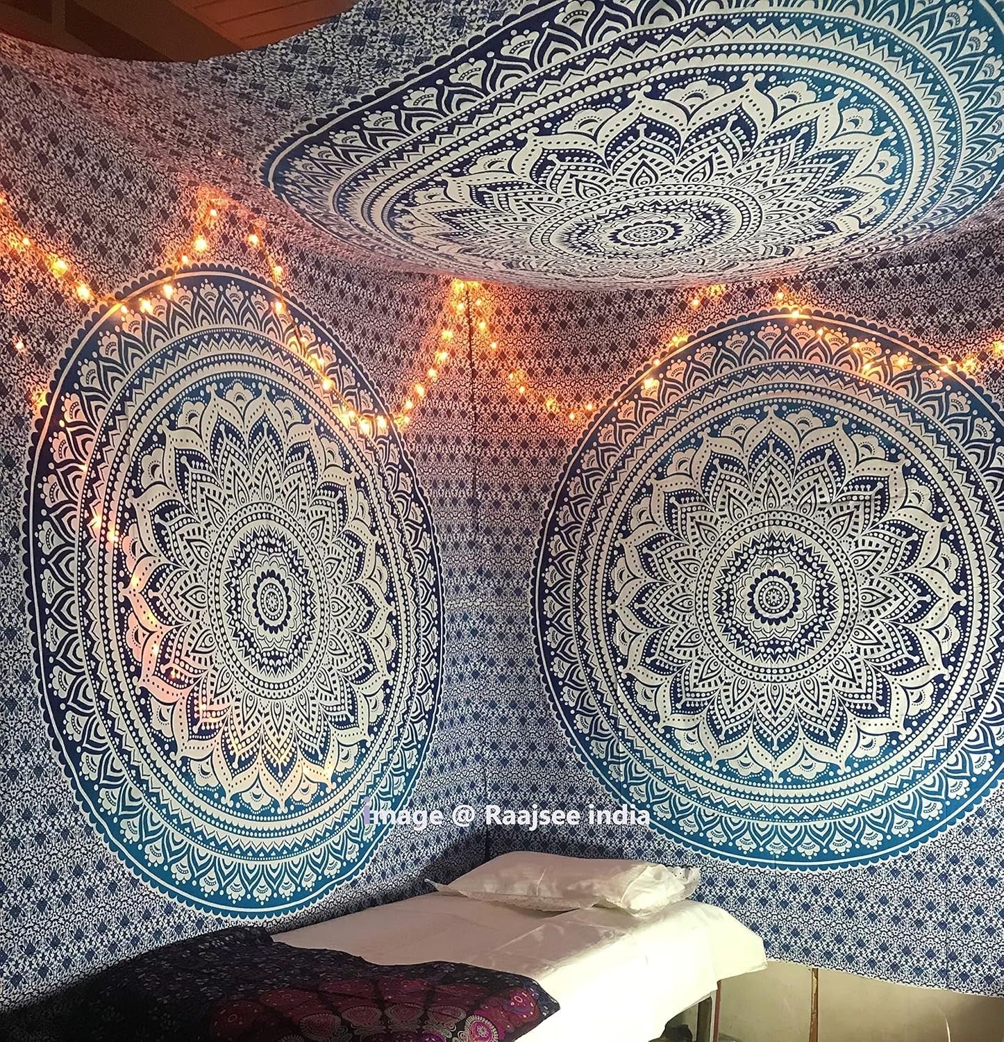 Large Blue Ombre Mandala Tapestry 82x87" Cotton Wall Hanging - Kwikley
