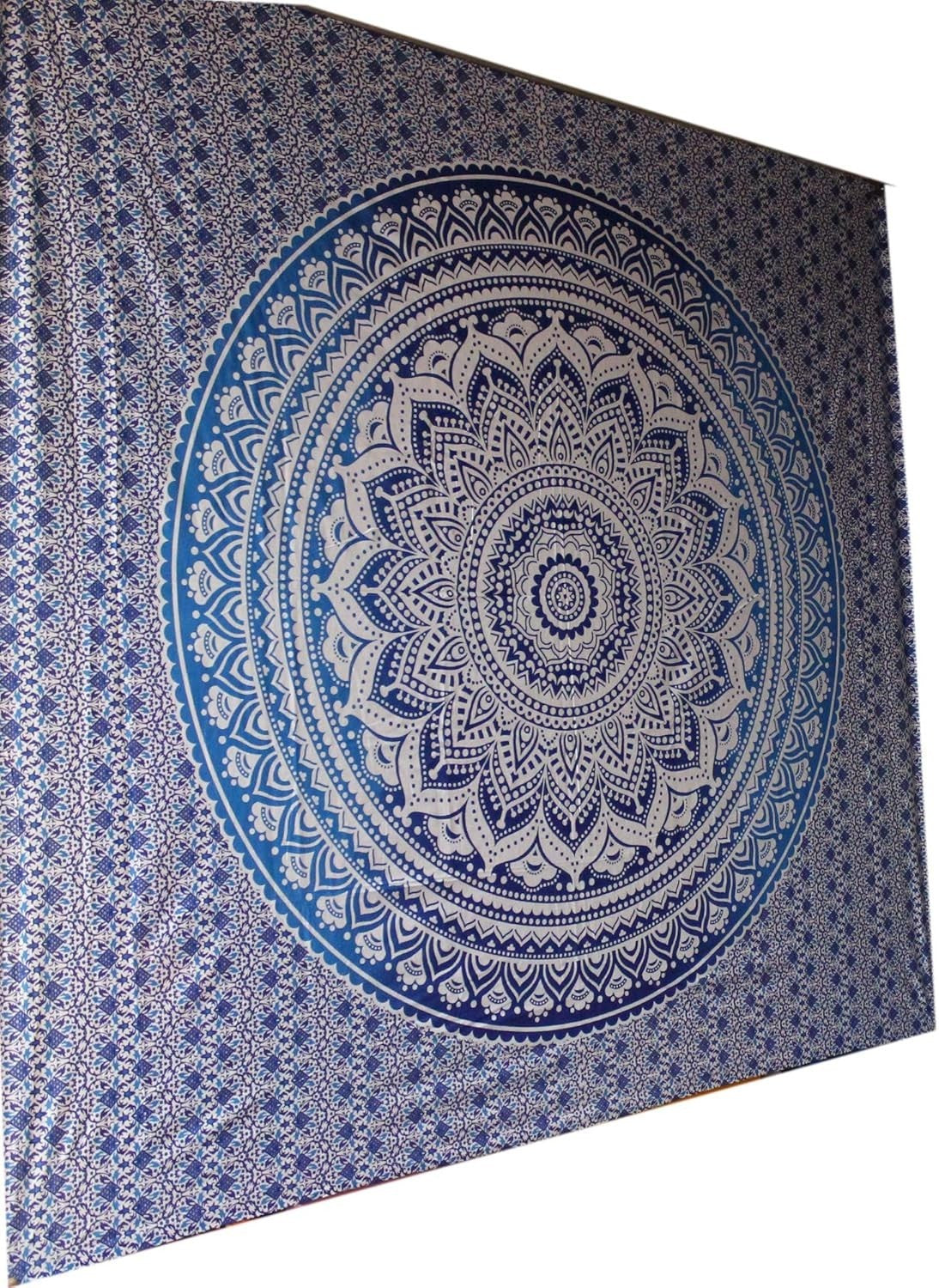 Large Blue Ombre Mandala Tapestry 82x87" Cotton Wall Hanging - Kwikley