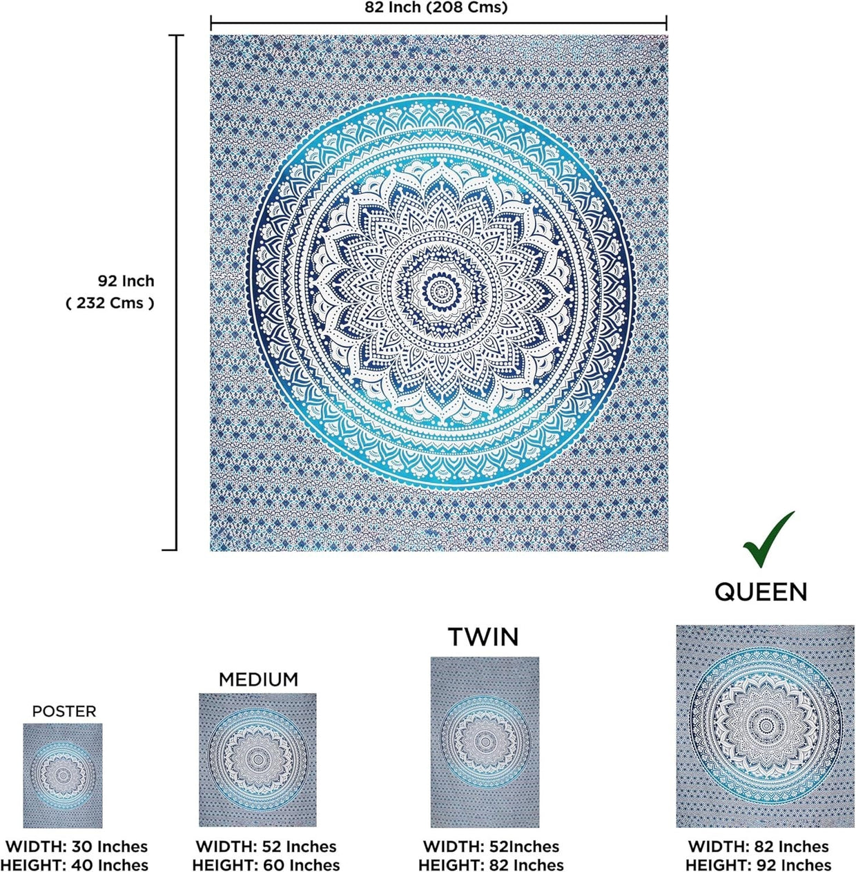 Large Blue Ombre Mandala Tapestry 82x87" Cotton Wall Hanging - Kwikley