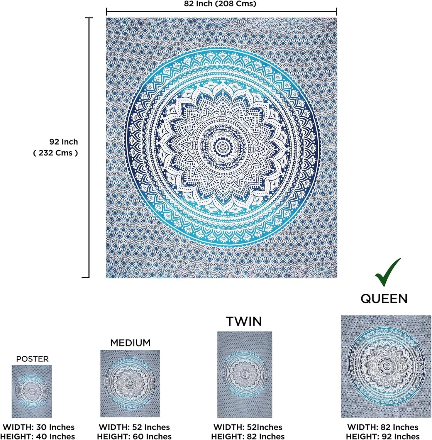 Large Blue Ombre Mandala Tapestry 82x87" Cotton Wall Hanging - Kwikley