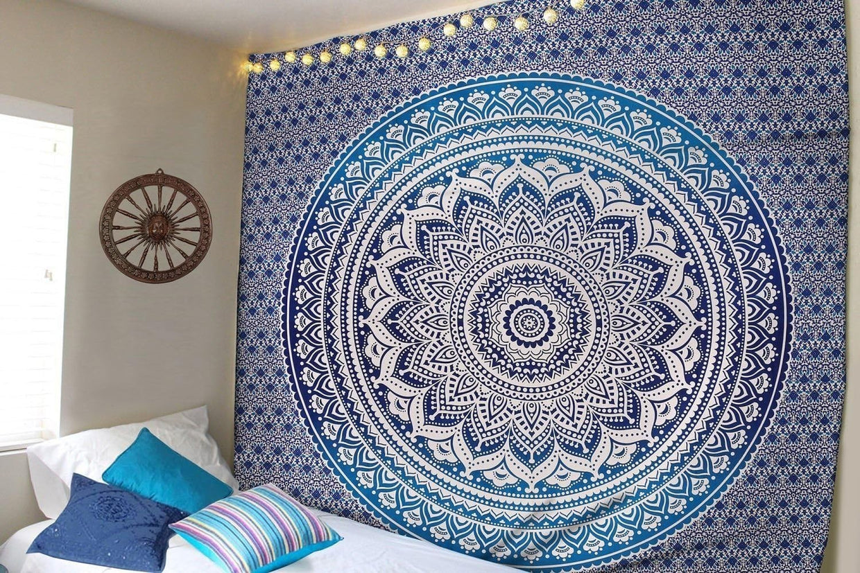 Large Blue Ombre Mandala Tapestry 82x87" Cotton Wall Hanging - Kwikley