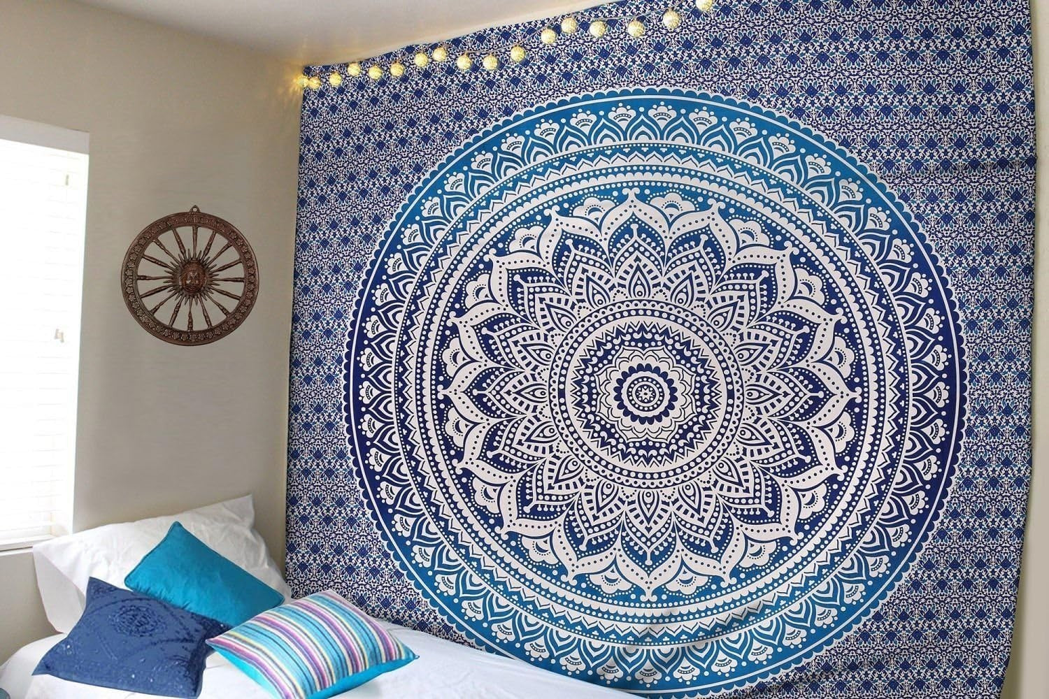 Large Blue Ombre Mandala Tapestry 82x87" Cotton Wall Hanging - Kwikley