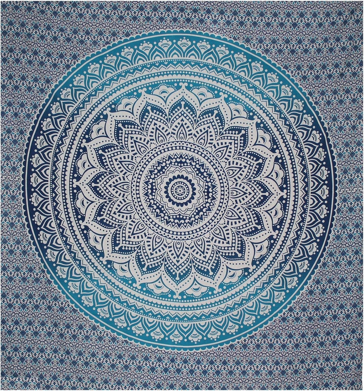 Large Blue Ombre Mandala Tapestry 82x87" Cotton Wall Hanging - Kwikley