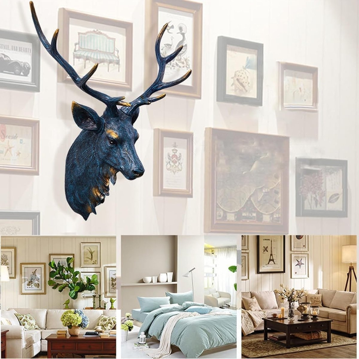 Large Blue Stag Head Wall Mount Deer Sculpture 58cm Resin - Kwikley