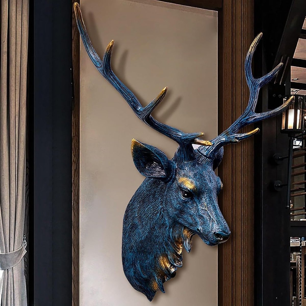 Large Blue Stag Head Wall Mount Deer Sculpture 58cm Resin - Kwikley
