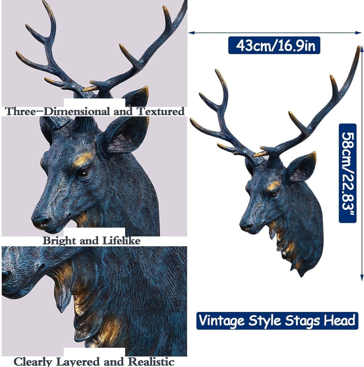 Large Blue Stag Head Wall Mount Deer Sculpture 58cm Resin - Kwikley