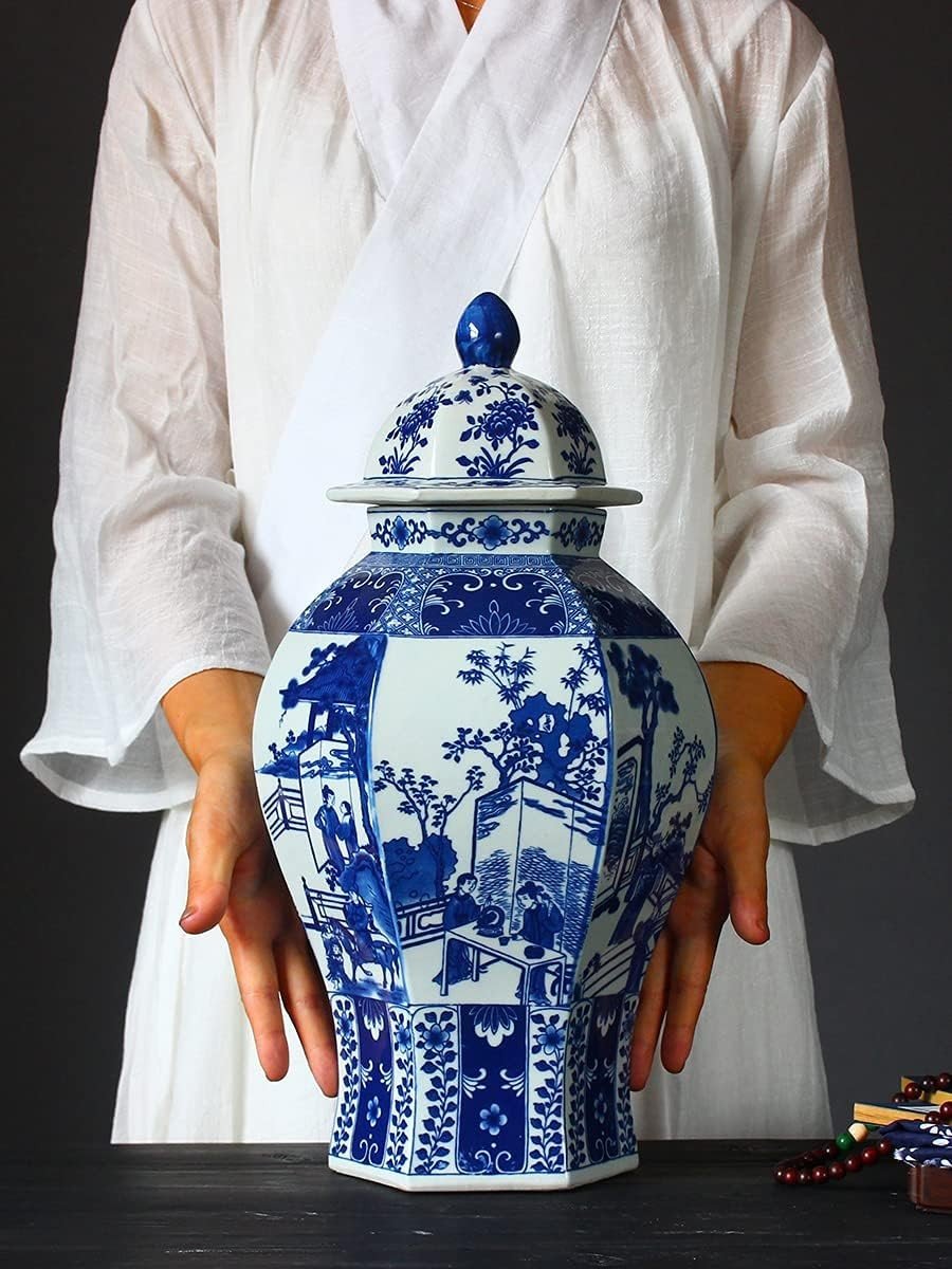 Large Blue White Ceramic Ginger Jar Vase 41cm Chinese Porcelain with Lid - Kwikley