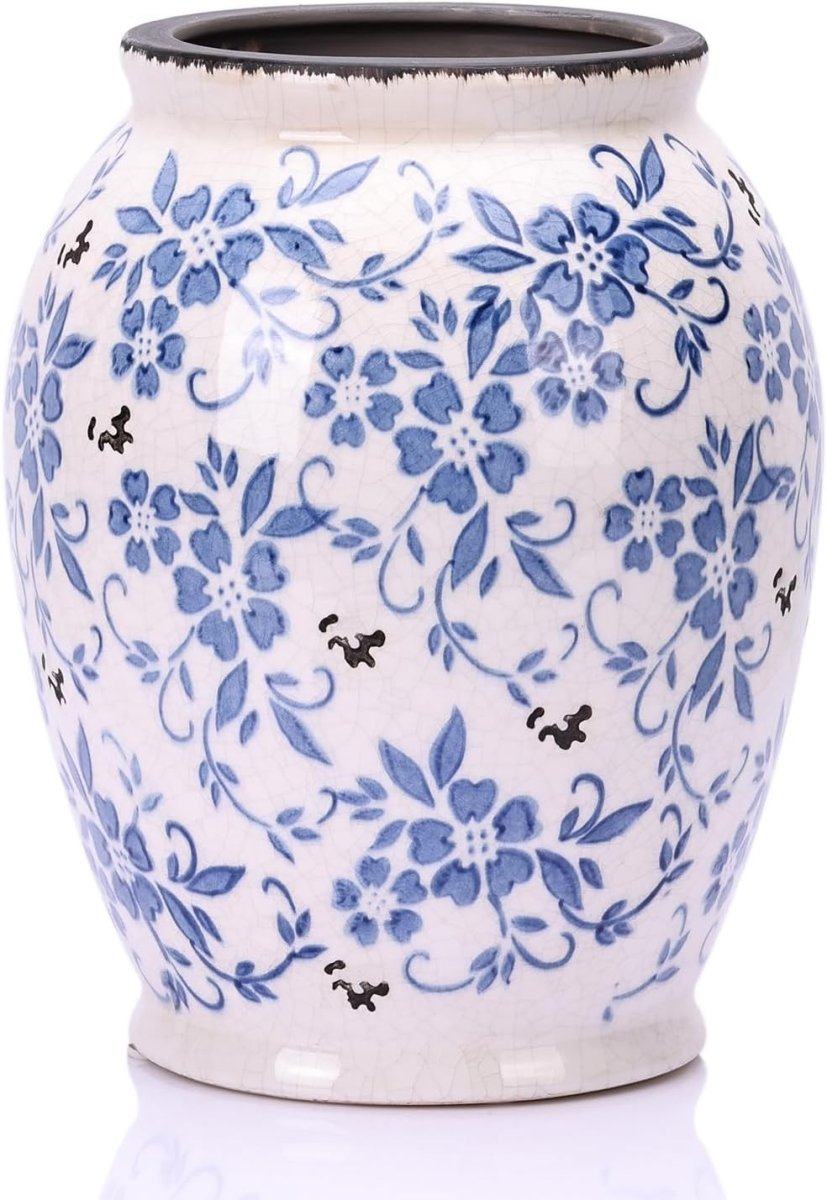 Large Blue White Ceramic Vase Vintage Chinoiserie Floral Home Decor - Kwikley