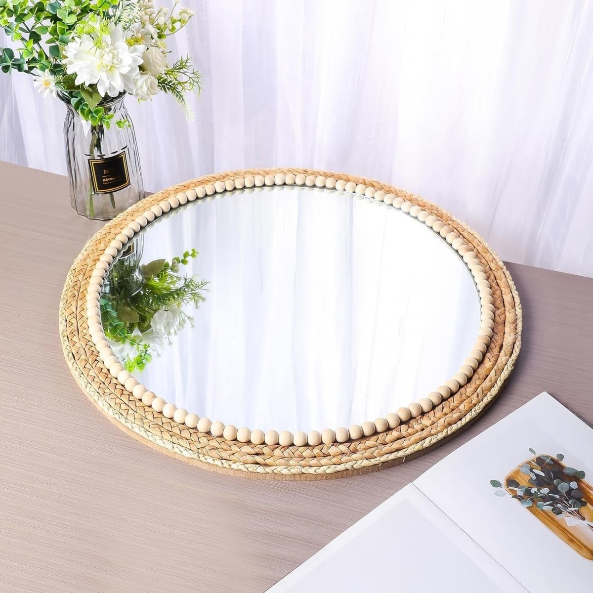 Large Boho Round Rattan Wall Mirror 53cm Hanging Decor - Kwikley