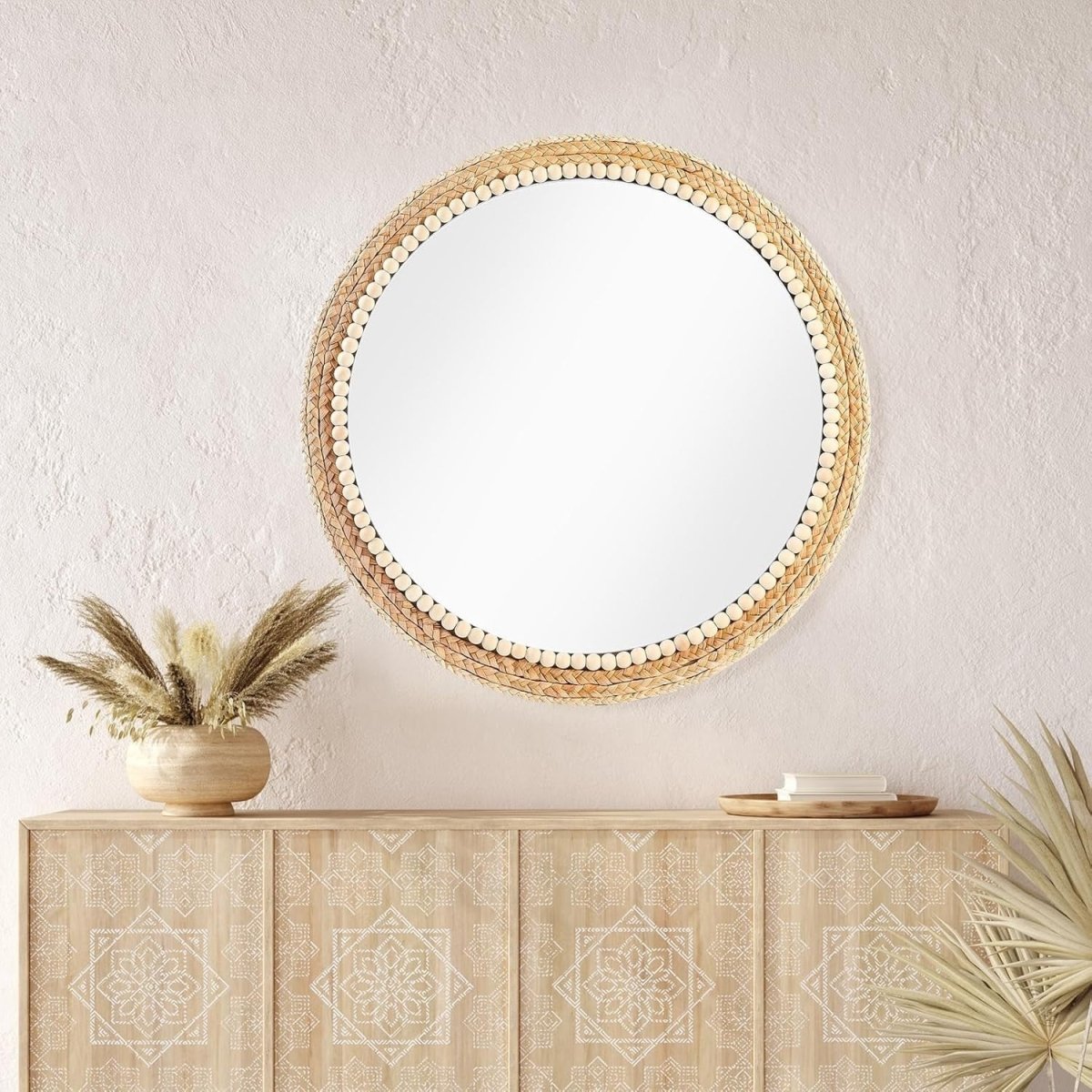 Large Boho Round Rattan Wall Mirror 53cm Hanging Decor - Kwikley