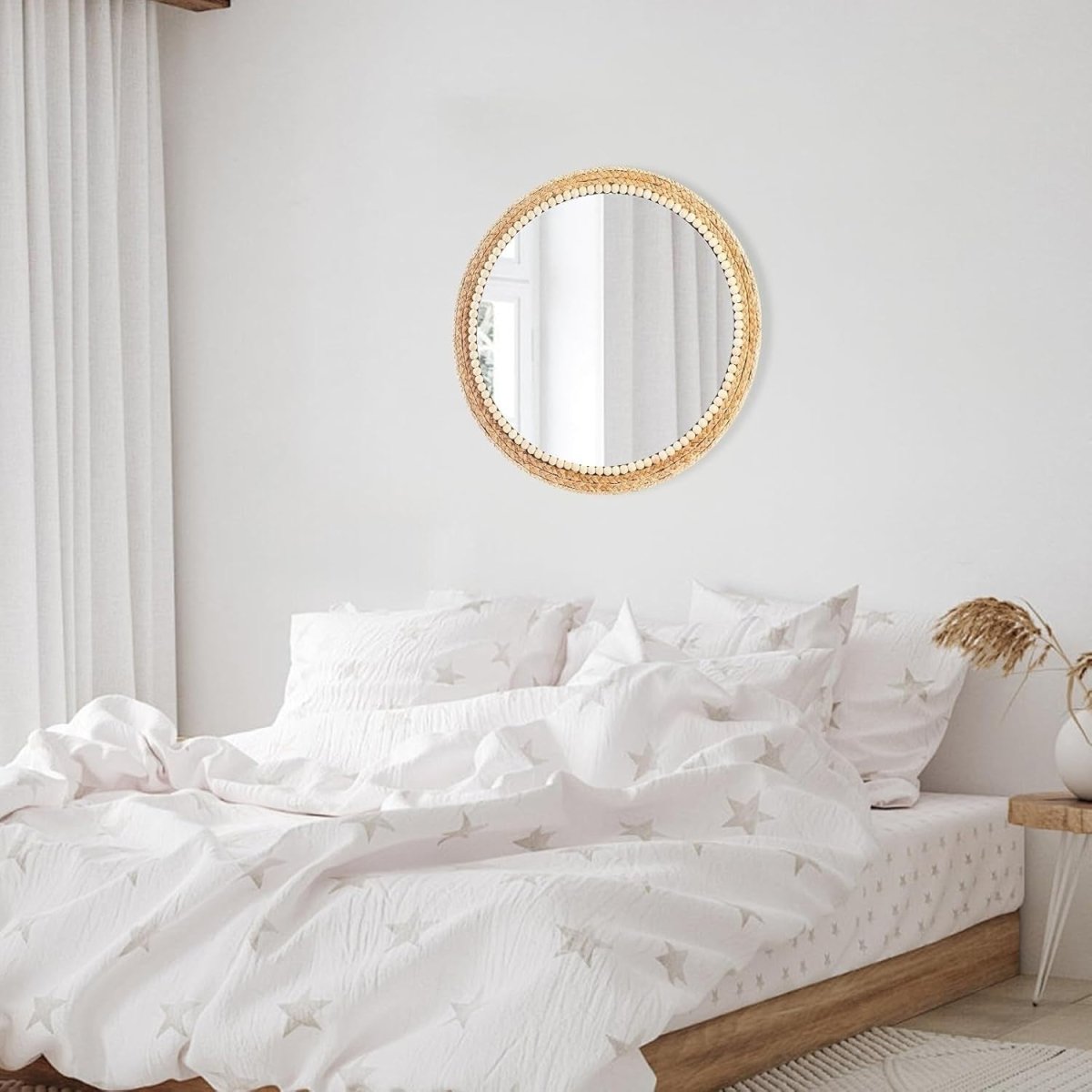 Large Boho Round Rattan Wall Mirror 53cm Hanging Decor - Kwikley