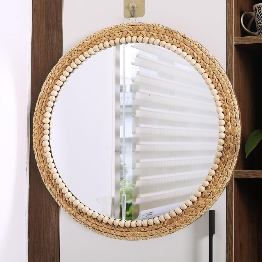 Large Boho Round Rattan Wall Mirror 53cm Hanging Decor - Kwikley