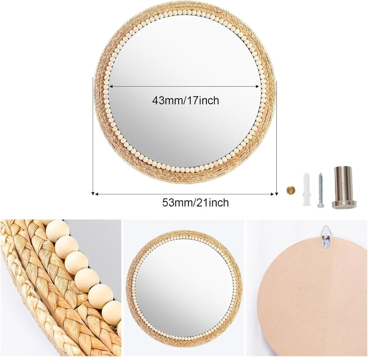 Large Boho Round Rattan Wall Mirror 53cm Hanging Decor - Kwikley