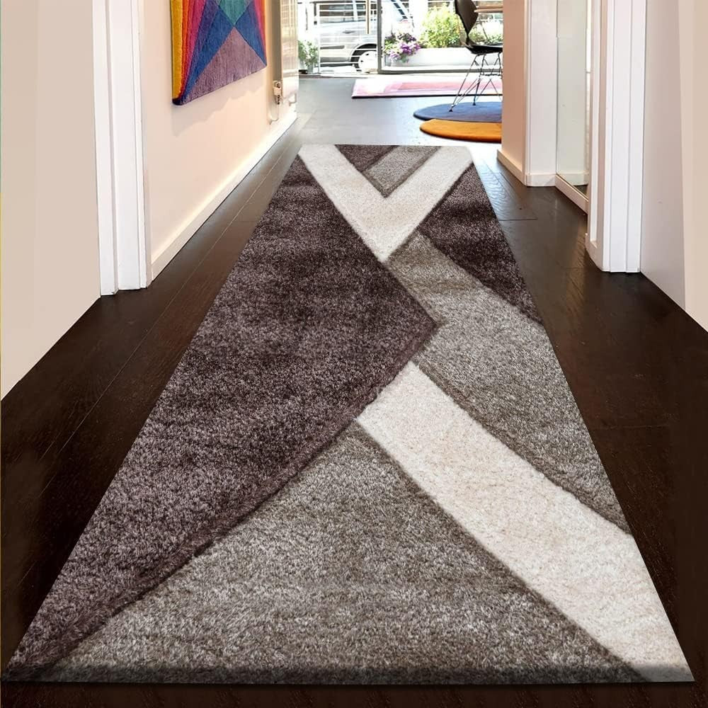 Large Brown Beige Geometric Shaggy Rug 160x230cm Soft Non Shed Area Carpet - Kwikley