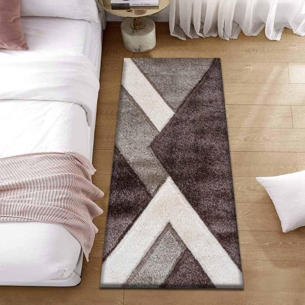Large Brown Beige Geometric Shaggy Rug 160x230cm Soft Non Shed Area Carpet - Kwikley