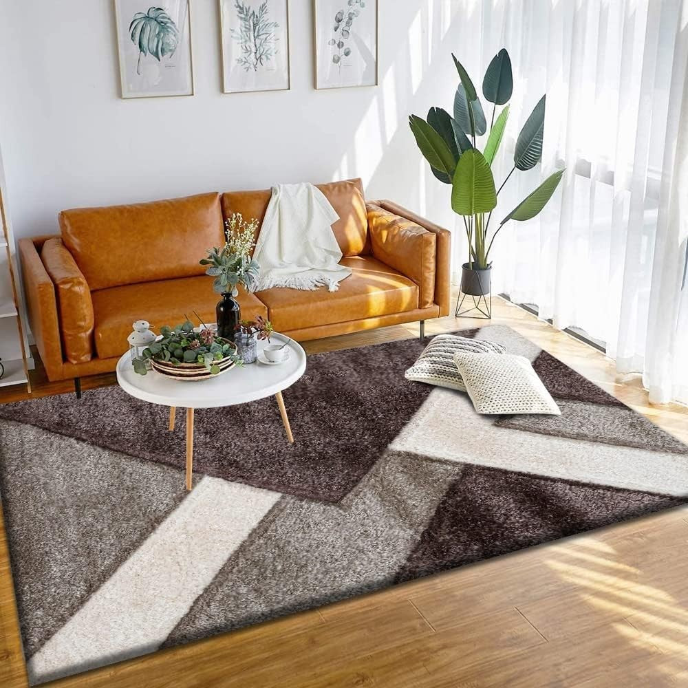 Large Brown Beige Geometric Shaggy Rug 160x230cm Soft Non Shed Area Carpet - Kwikley