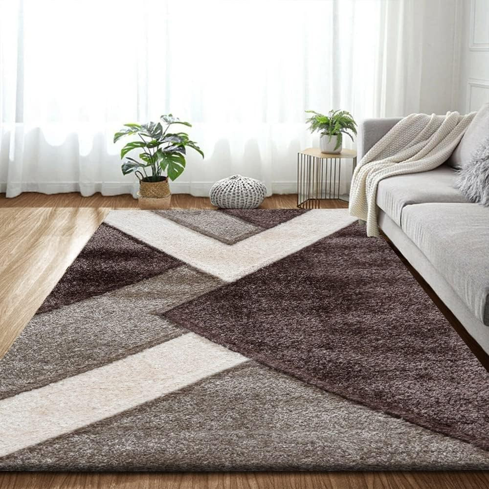 Large Brown Beige Geometric Shaggy Rug 160x230cm Soft Non Shed Area Carpet - Kwikley