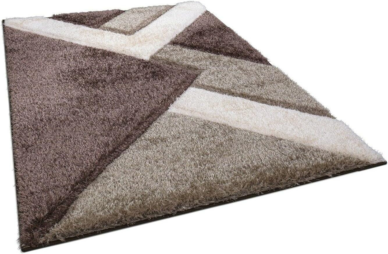 Large Brown Beige Geometric Shaggy Rug 160x230cm Soft Non Shed Area Carpet - Kwikley