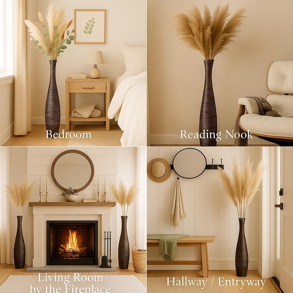 Large Brown Floor Vase 85cm Tall Wooden Decor for Pampas Grass - Kwikley
