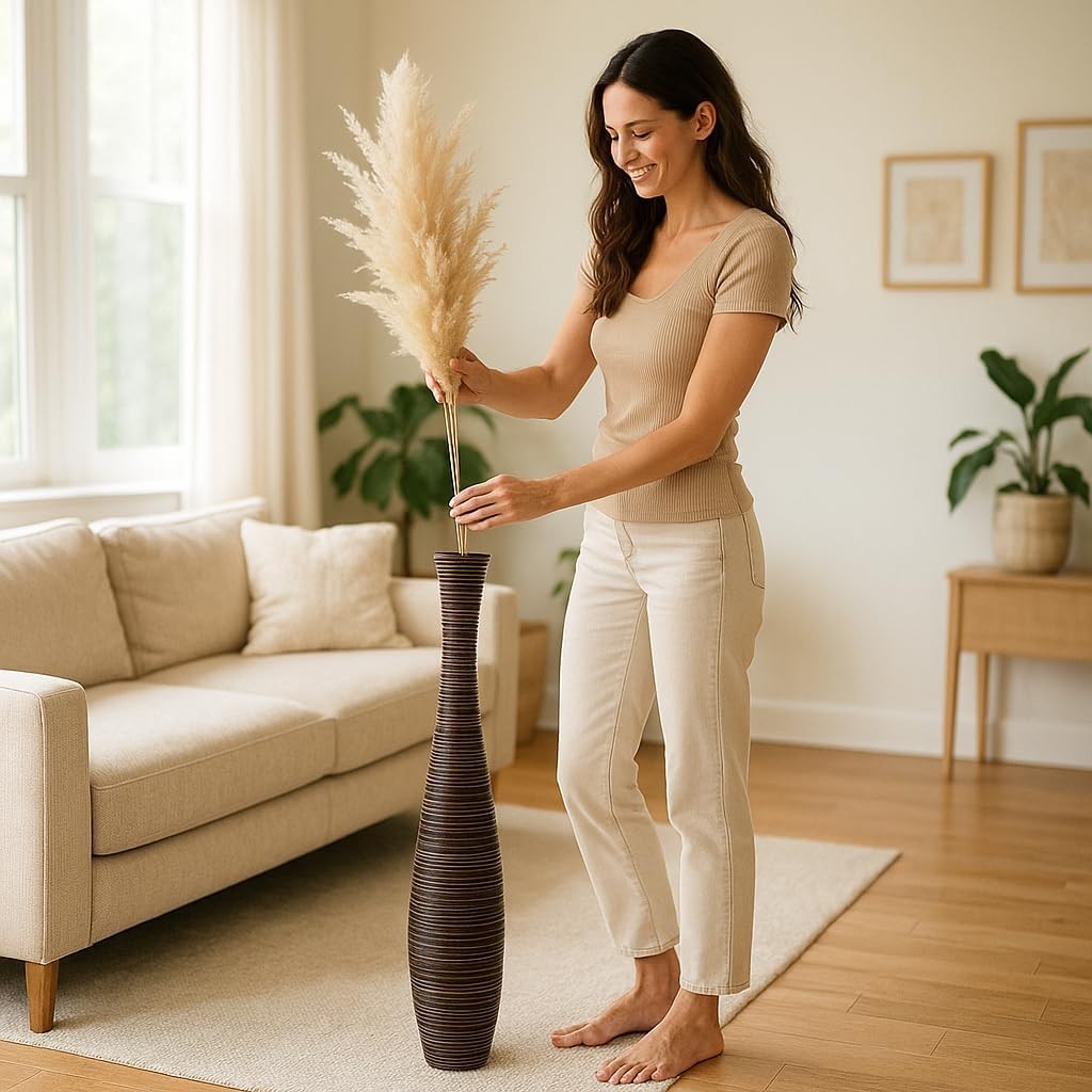 Large Brown Floor Vase 85cm Tall Wooden Decor for Pampas Grass - Kwikley