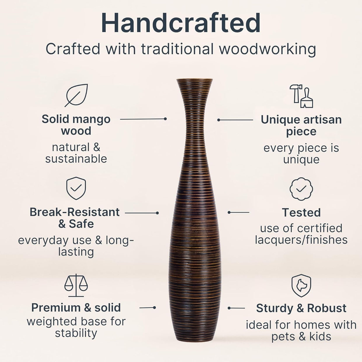 Large Brown Floor Vase 85cm Tall Wooden Decor for Pampas Grass - Kwikley