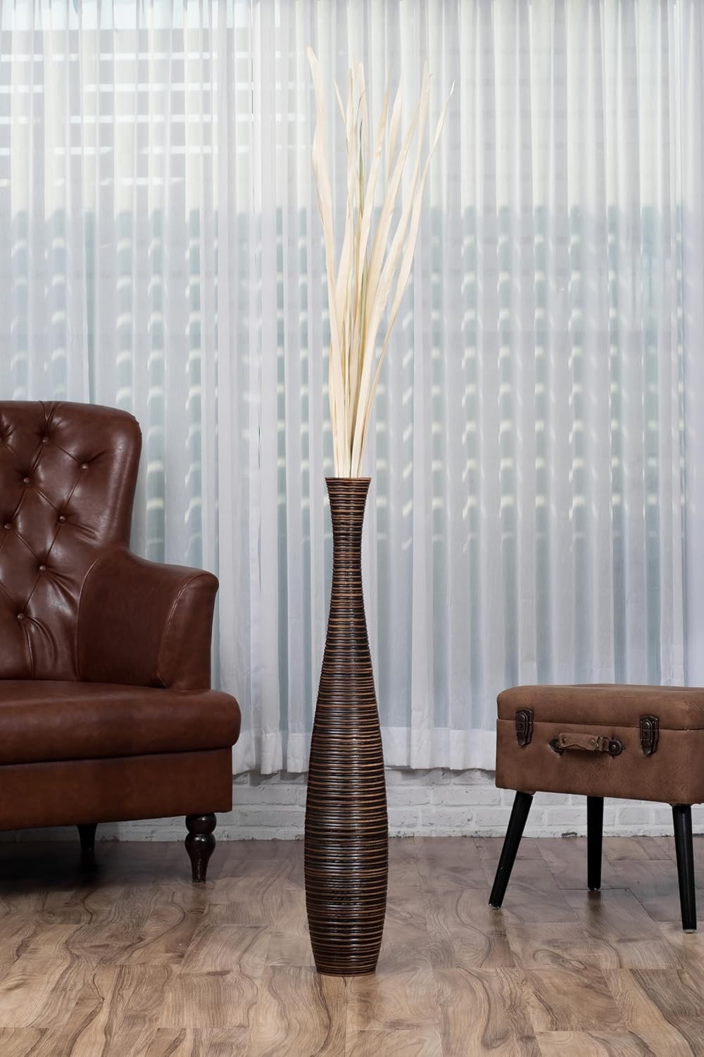 Large Brown Floor Vase 85cm Tall Wooden Decor for Pampas Grass - Kwikley