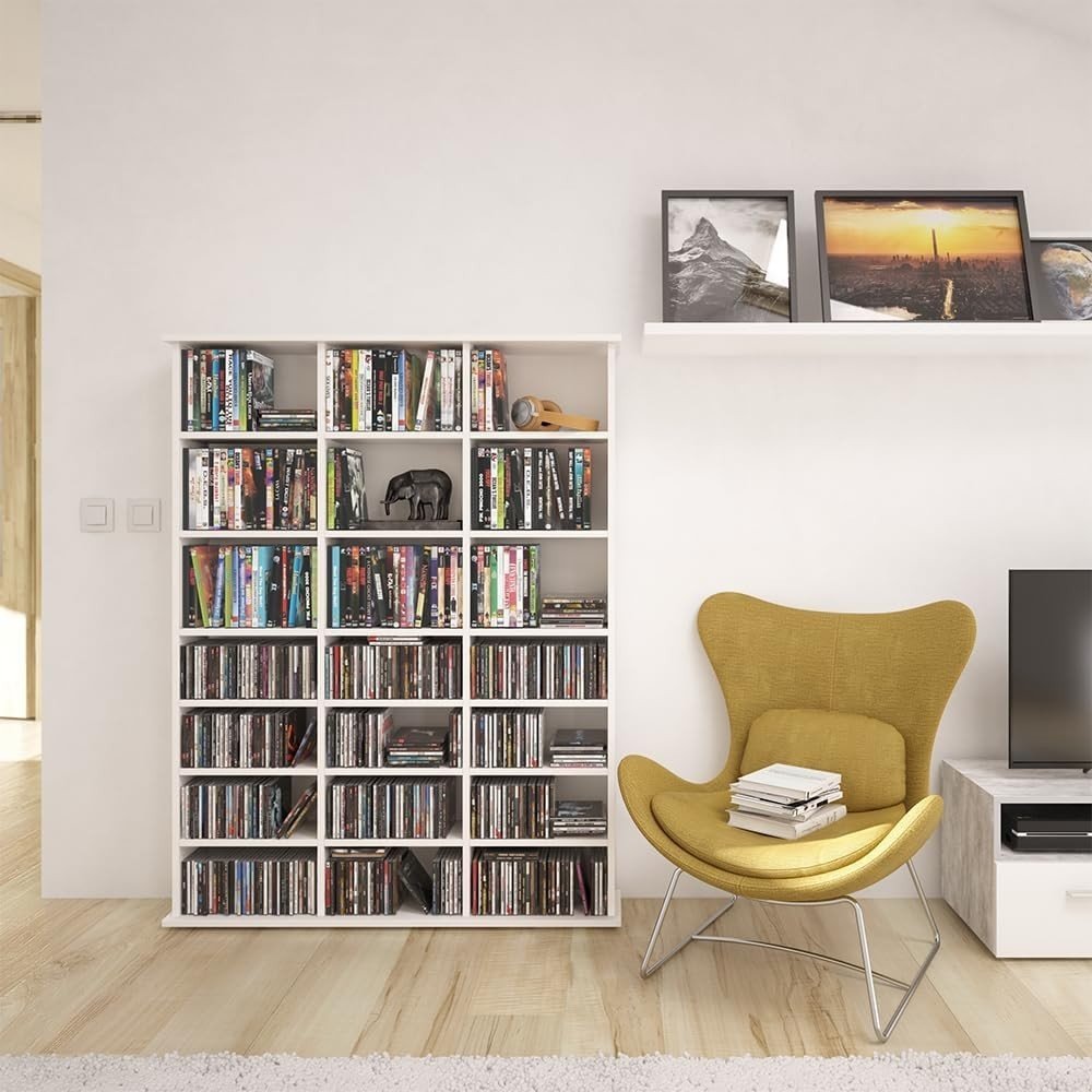Large CD DVD Blu Ray Storage Shelf Cabinet 21 Compartments White Rack - Kwikley