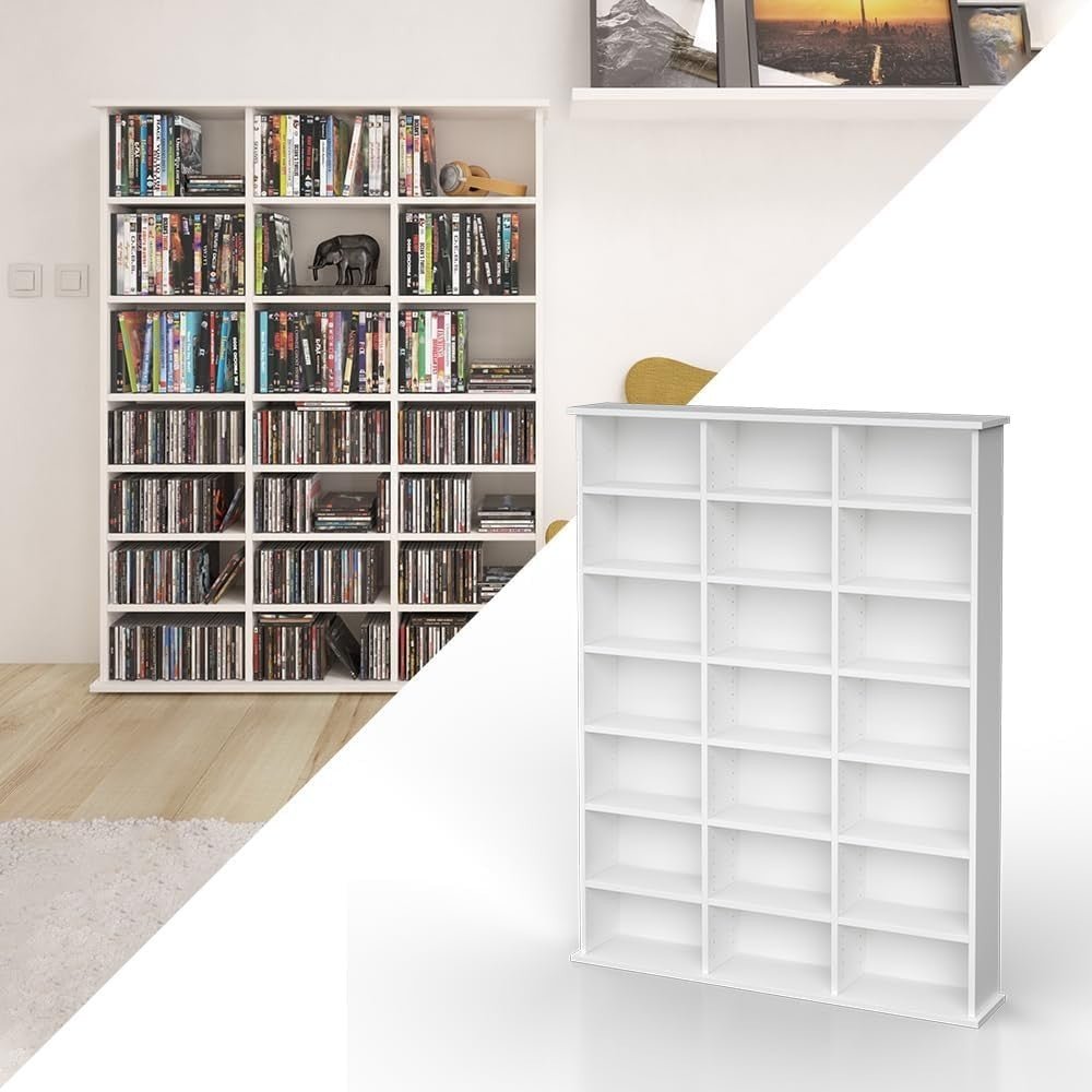Large CD DVD Blu Ray Storage Shelf Cabinet 21 Compartments White Rack - Kwikley