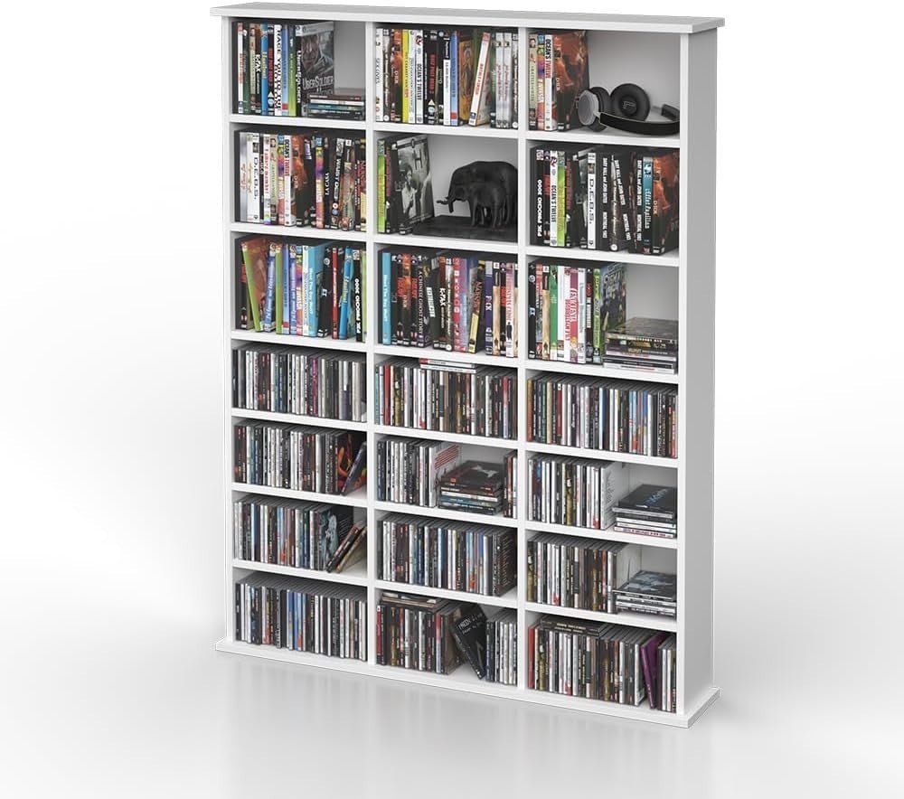 Large CD DVD Blu Ray Storage Shelf Cabinet 21 Compartments White Rack - Kwikley