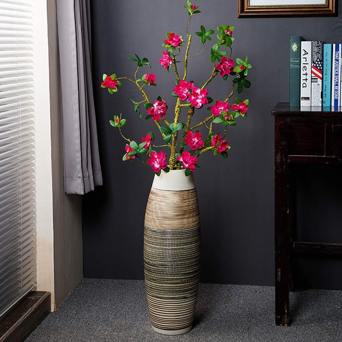Large Ceramic Floor Vase 50cm Brown Black Stripe Tall Home Decor - Kwikley