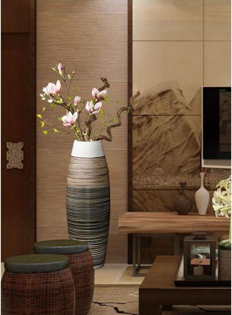 Large Ceramic Floor Vase 50cm Brown Black Stripe Tall Home Decor - Kwikley