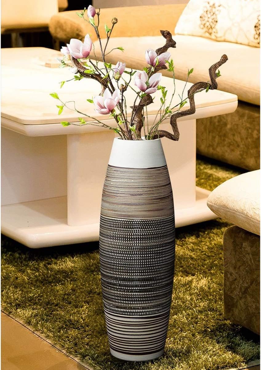 Large Ceramic Floor Vase 50cm Brown Black Stripe Tall Home Decor - Kwikley