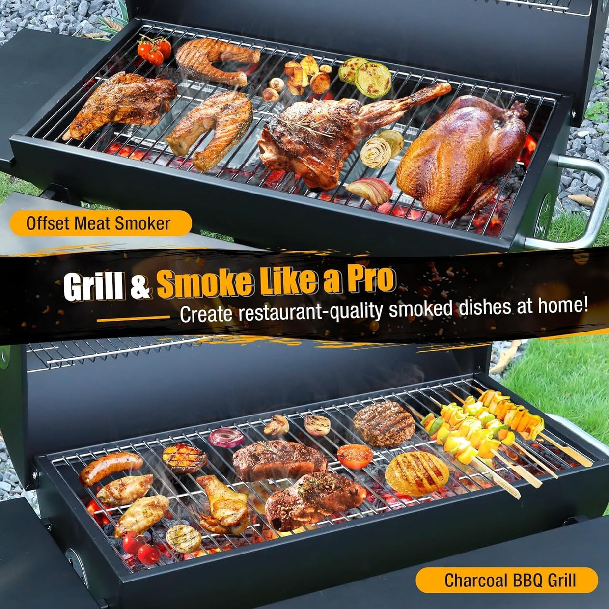 Large Charcoal BBQ Grill Outdoor Barrel Smoker | 4 Air Vents | Thermometer - Kwikley