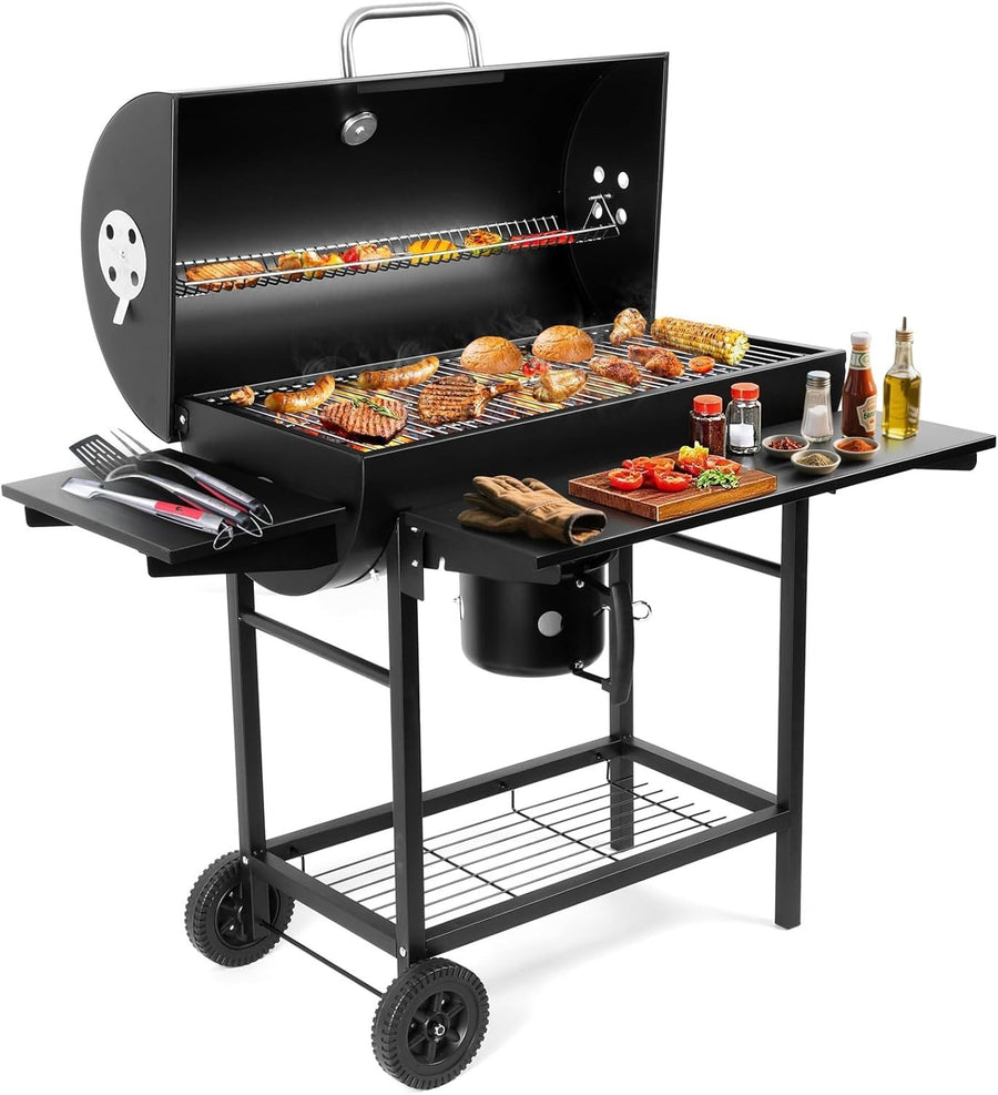 Large Charcoal BBQ Grill Outdoor Barrel Smoker | 4 Air Vents | Thermometer - Kwikley