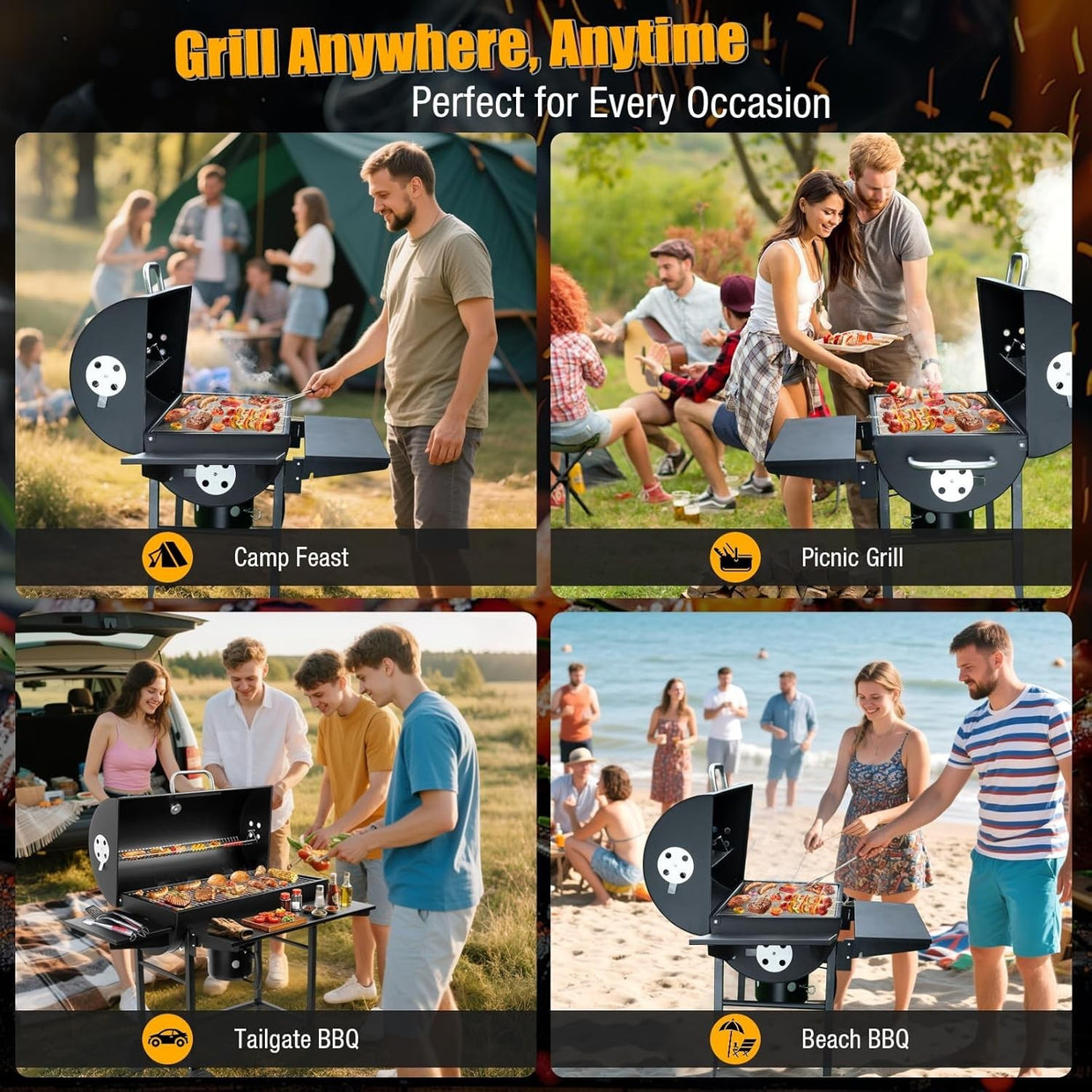 Large Charcoal BBQ Grill Outdoor Barrel Smoker | 4 Air Vents | Thermometer - Kwikley