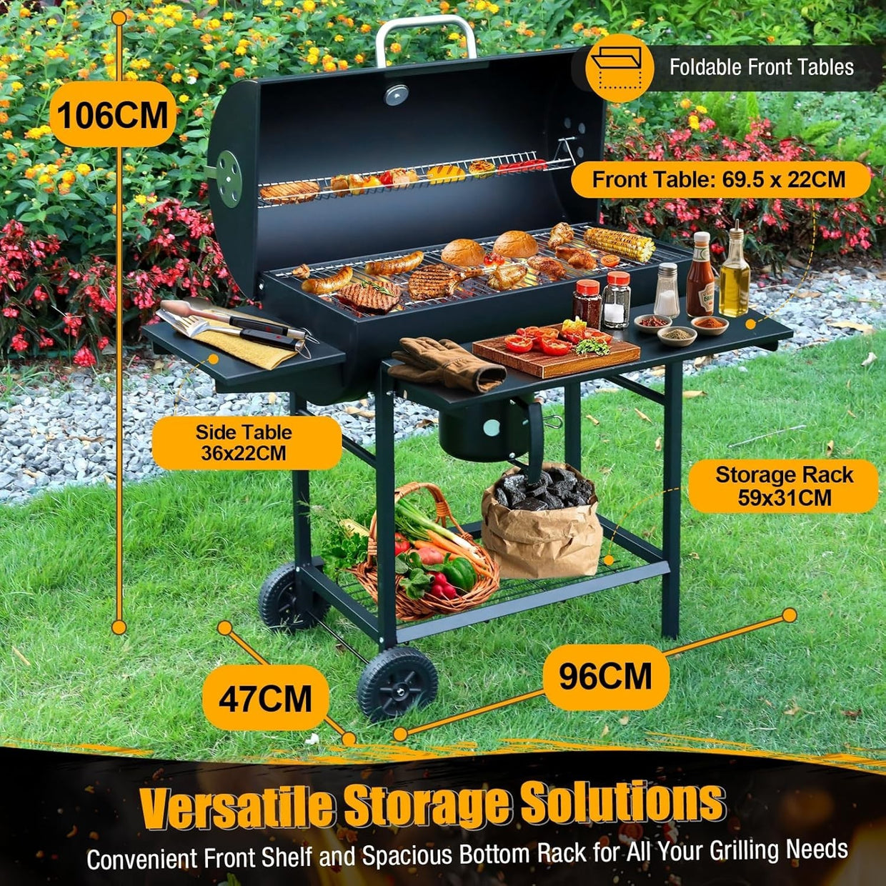 Large Charcoal BBQ Grill Outdoor Barrel Smoker | 4 Air Vents | Thermometer - Kwikley