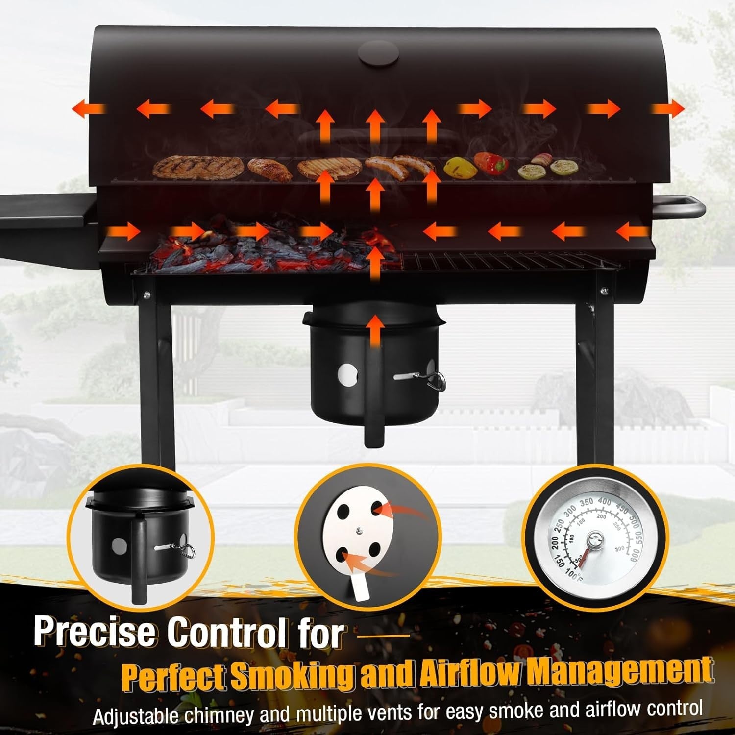 Large Charcoal BBQ Grill Outdoor Barrel Smoker | 4 Air Vents | Thermometer - Kwikley