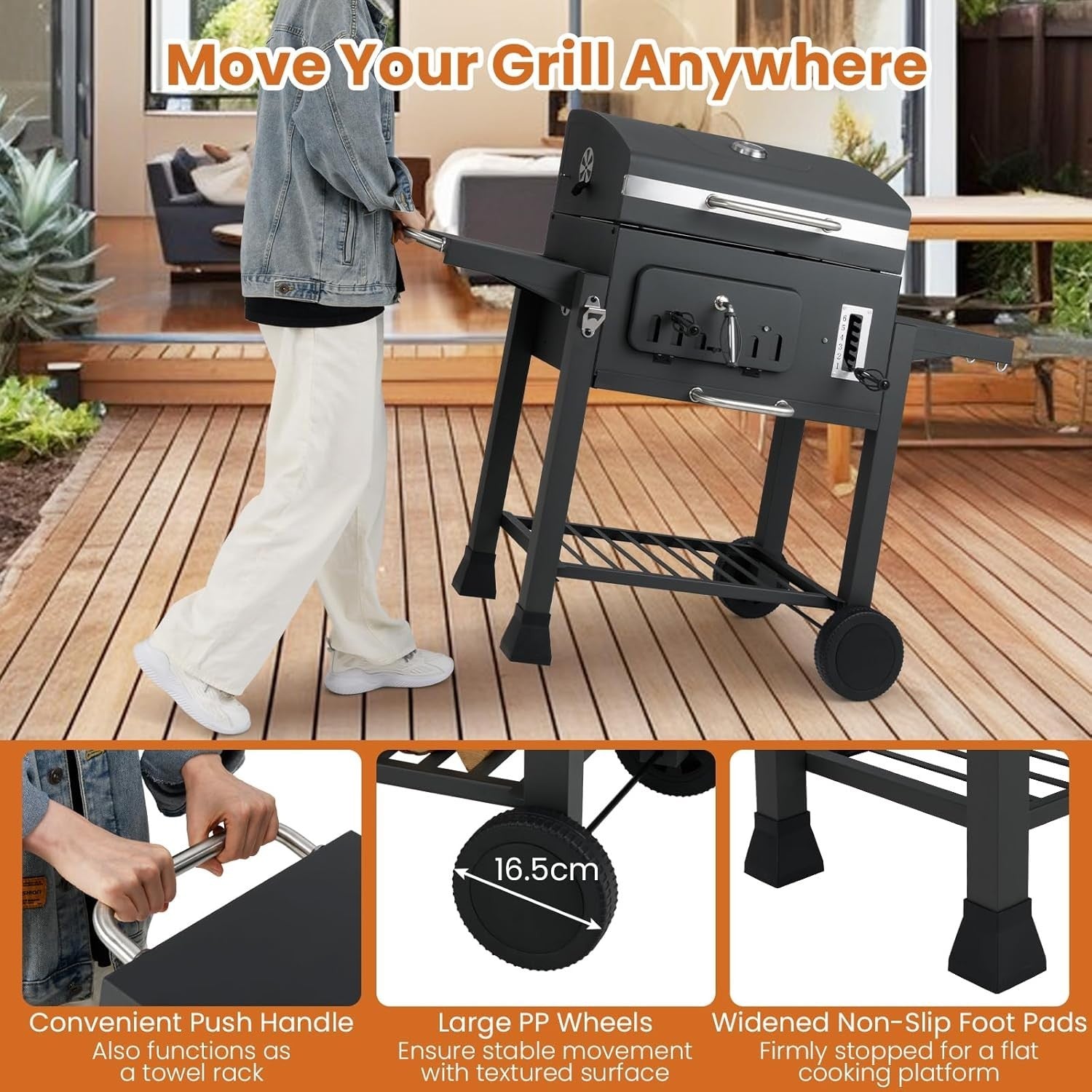 Large Charcoal BBQ Grill Smoker Trolley Adjustable Height with Side Tables Wheel - Kwikley