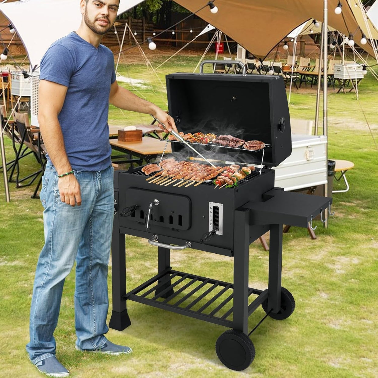 Large Charcoal BBQ Grill Smoker Trolley Adjustable Height with Side Tables Wheel - Kwikley