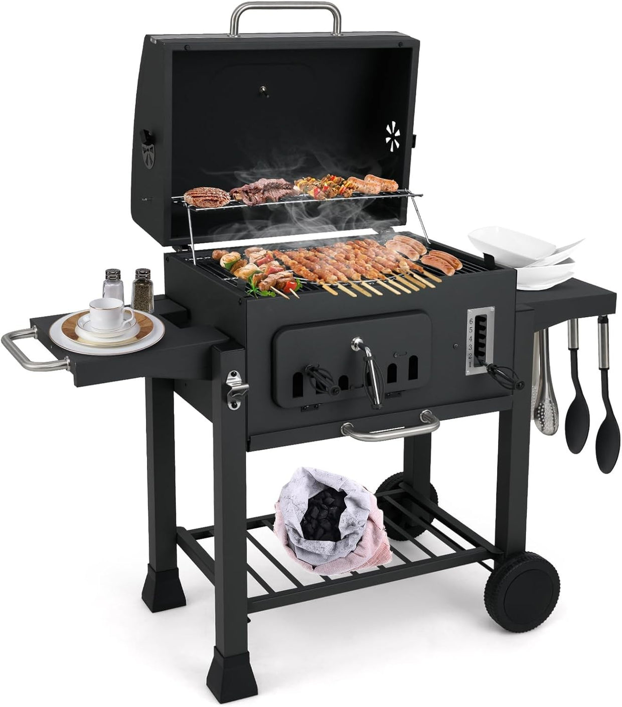 Large Charcoal BBQ Grill Smoker Trolley Adjustable Height with Side Tables Wheel - Kwikley