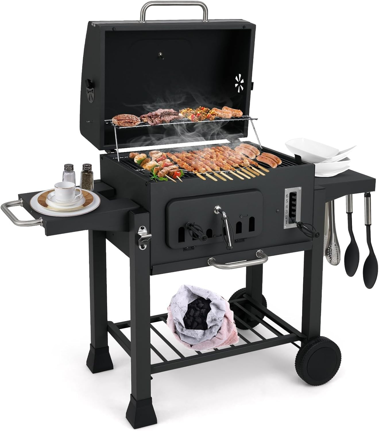 Large Charcoal BBQ Grill Smoker Trolley Adjustable Height with Side Tables Wheel - Kwikley