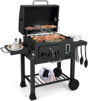 Large Charcoal BBQ Grill Smoker Trolley Adjustable Height with Side Tables Wheel - Kwikley