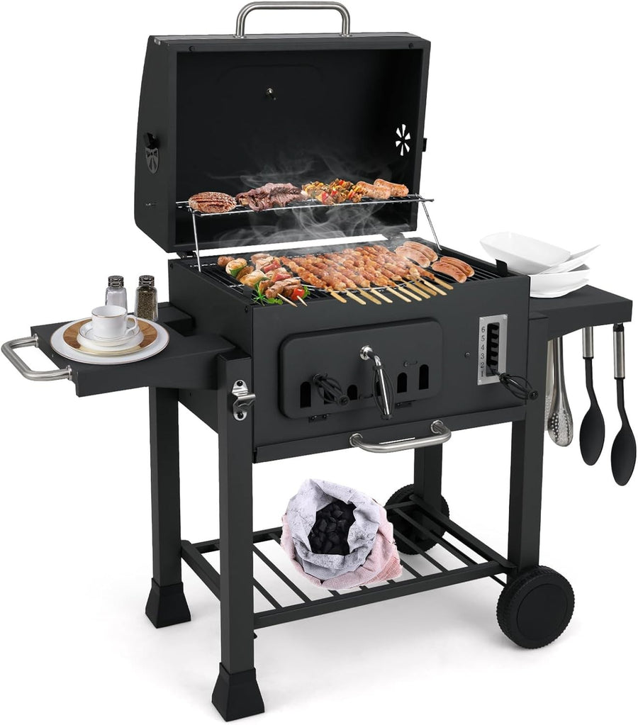 Large Charcoal BBQ Grill Smoker Trolley Adjustable Height with Side Tables Wheel - Kwikley