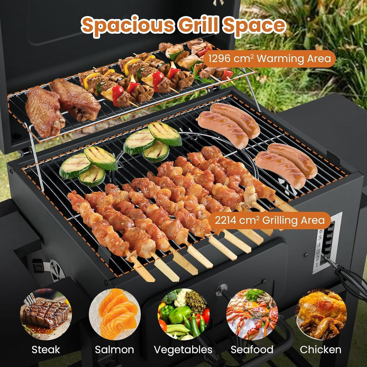Large Charcoal BBQ Grill Smoker Trolley Adjustable Height with Side Tables Wheel - Kwikley