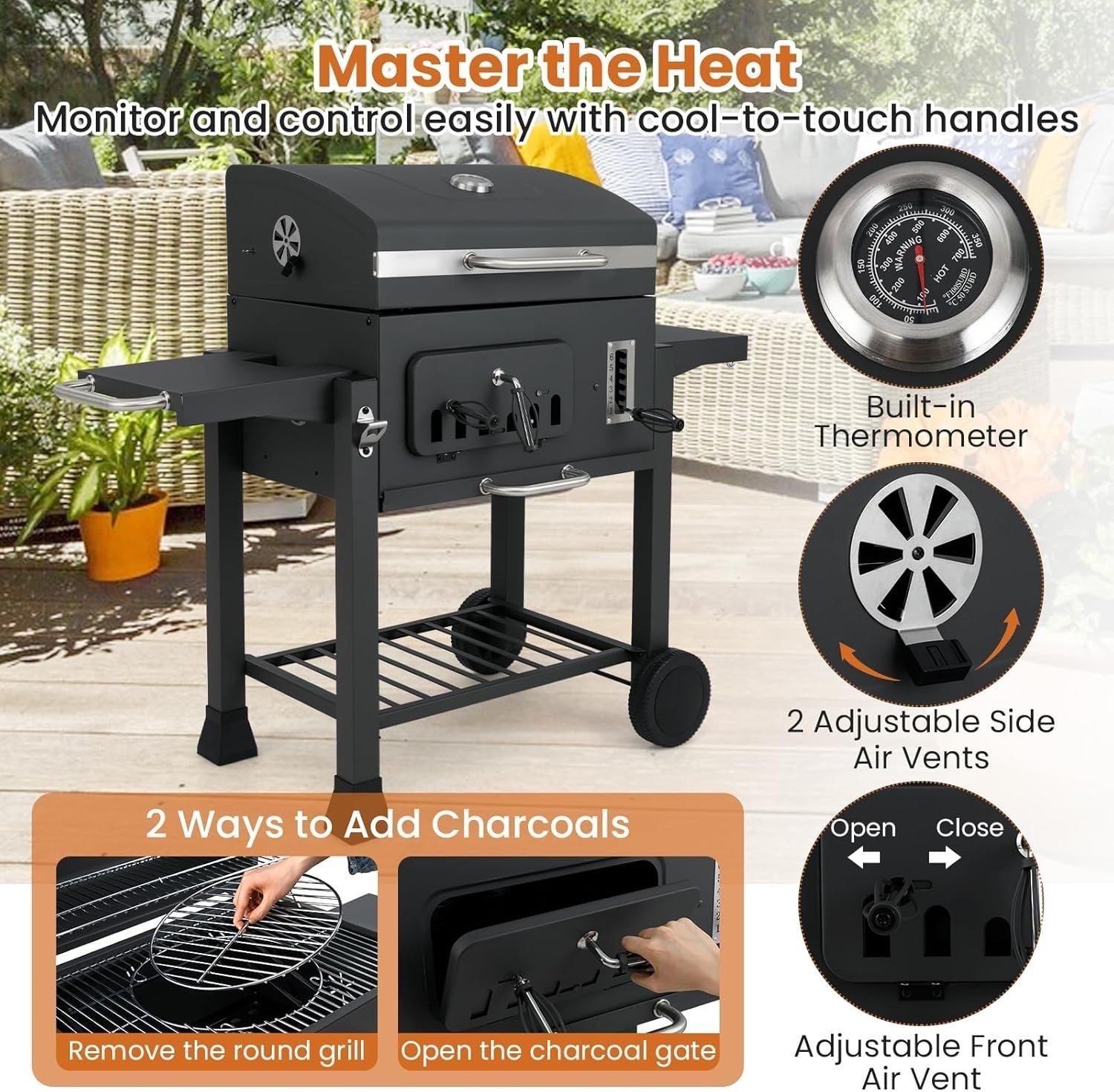 Large Charcoal BBQ Grill Smoker Trolley Adjustable Height with Side Tables Wheel - Kwikley