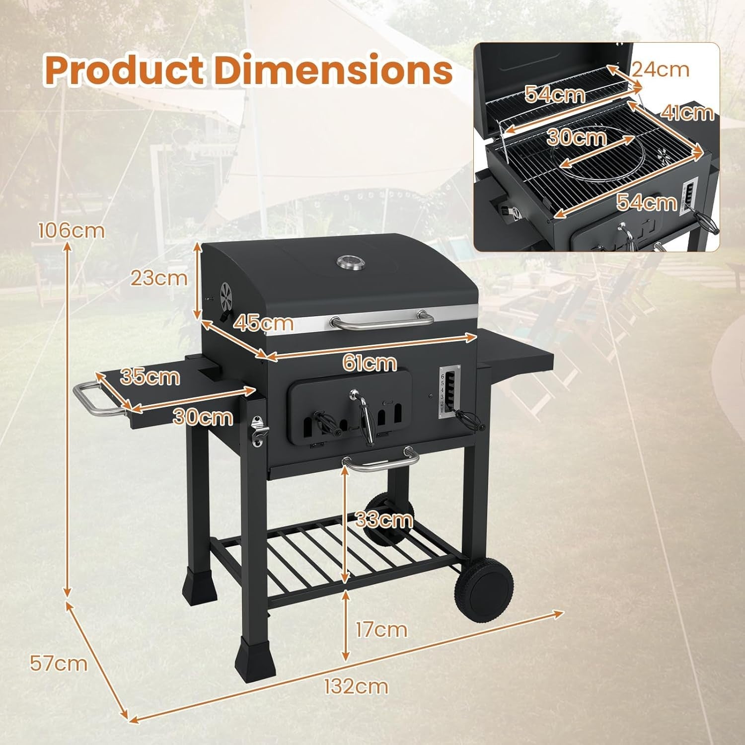 Large Charcoal BBQ Grill Smoker Trolley Adjustable Height with Side Tables Wheel - Kwikley