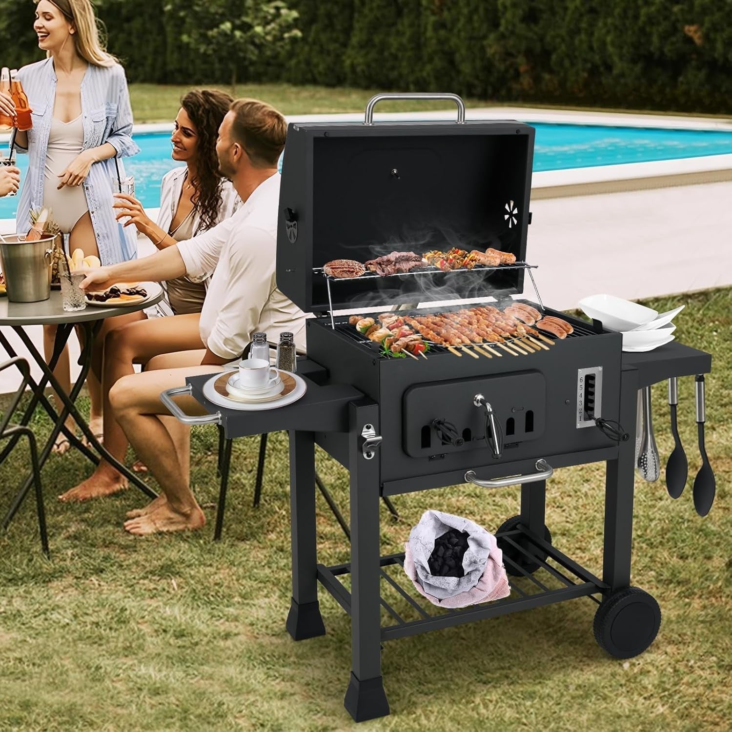 Large Charcoal BBQ Grill Smoker Trolley Adjustable Height with Side Tables Wheel - Kwikley