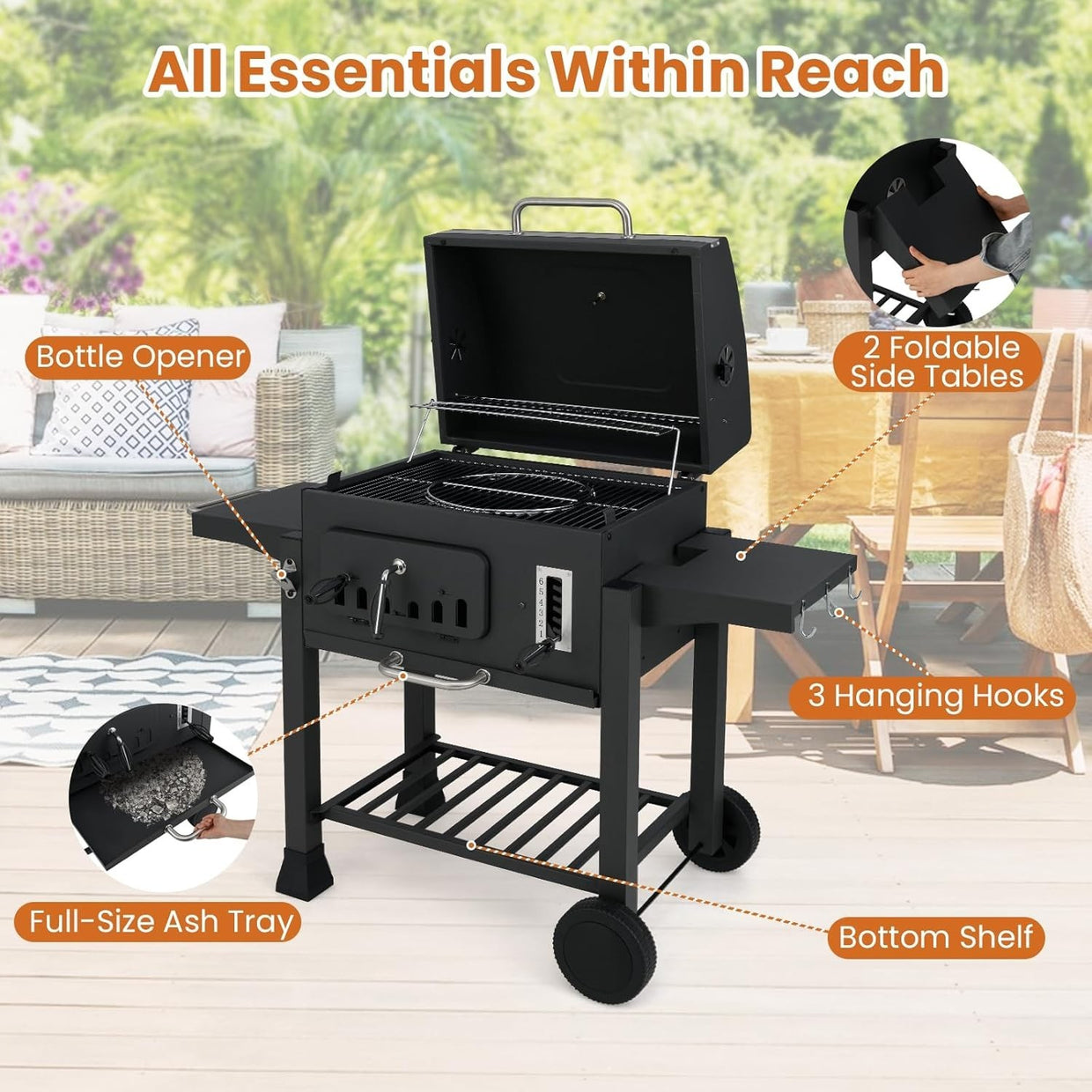 Large Charcoal BBQ Grill Smoker Trolley Adjustable Height with Side Tables Wheel - Kwikley